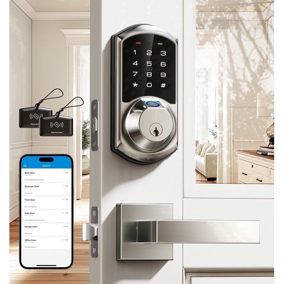 Veise Fingerprint Smart Lock with 2 Lever Handles Set, Keyless Entry for Front Door, Electronic Touchscreen Deadbolt, Satin Nickel