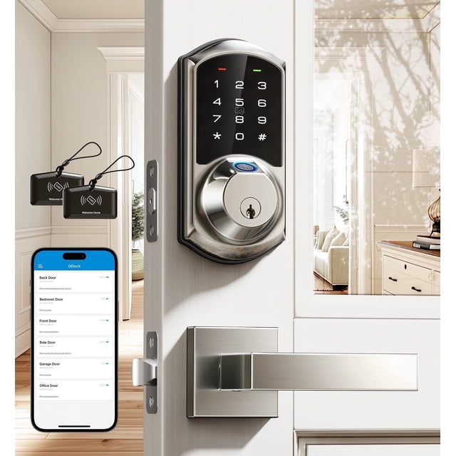 Veise Fingerprint Smart Locks for Front Door with Handle Set, App Control, Keyless Entry, Electronic Digital Keypad Deadbolt, Auto Lock, Waterproof, Easy to Install, Satin Nickel
