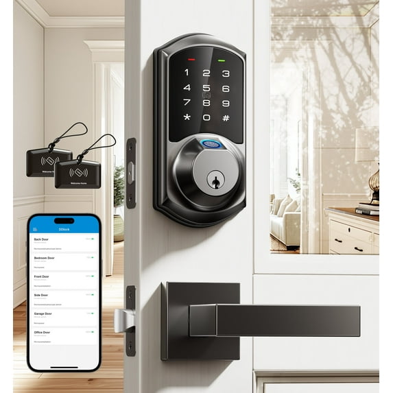 Veise Fingerprint Smart Locks for Front Door with 2 Lever Handle Set, App Control, Keyless Entry, Electronic Digital Keypad Deadbolt, Auto Lock, Waterproof, Easy to Install, Matte Black