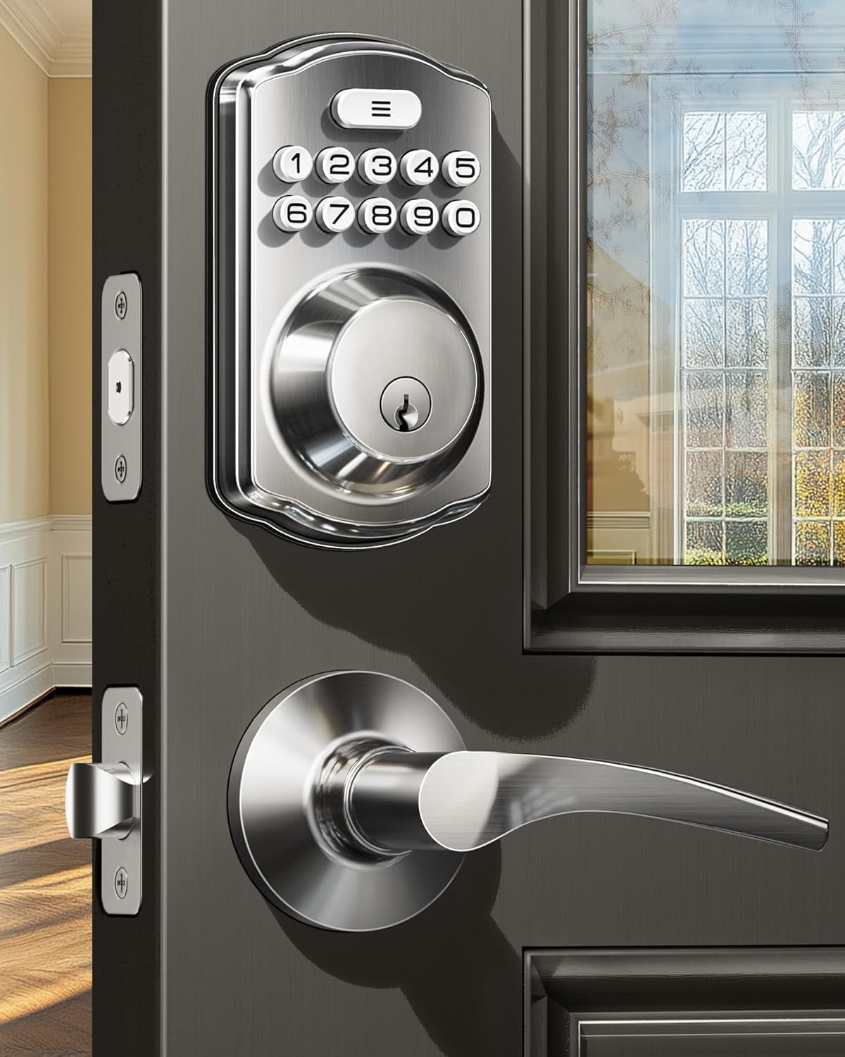 4 Door Code Veise KS01B Keypad Door Lock with 2 Lever Handles Set, Satin Nickel ...