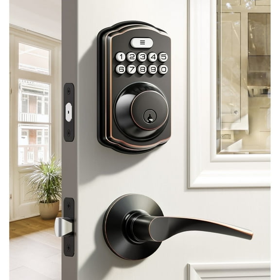 Veise Keyless Entry Door Lock with 2 Lever Handles - Electronic Keypad Deadbolt, Easy Installation Digital Smart Front Door Lock Set, Oil Rubbed Bronze