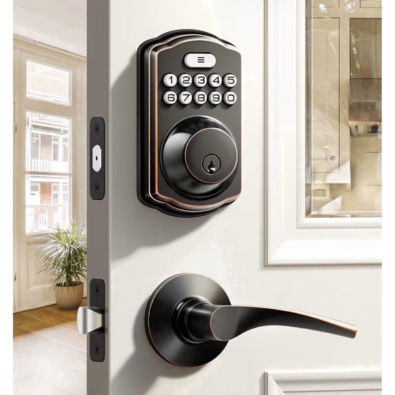 Veise Keyless Entry Door Lock with Handle, Electronic Keypad Deadbolt, Smart Door Lock, Oil Rubbed Bronze