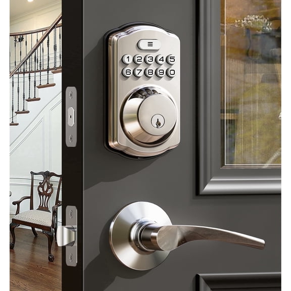 Veise Keyless Entry Door Lock with Handle, Keypad Deadbolt Smart Lock for Home Front Door, Satin Nickel