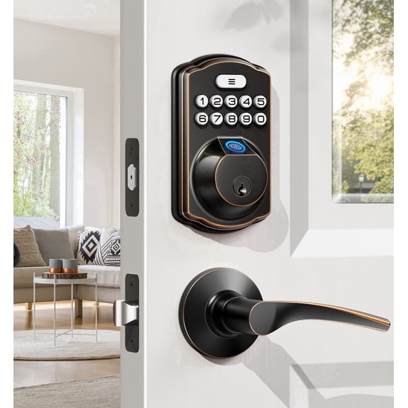 Veise Keyless Entry Door Lock with Handles, Fingerprint Keypad Deadbolt, Easy Installation, Oil Rubbed Bronze