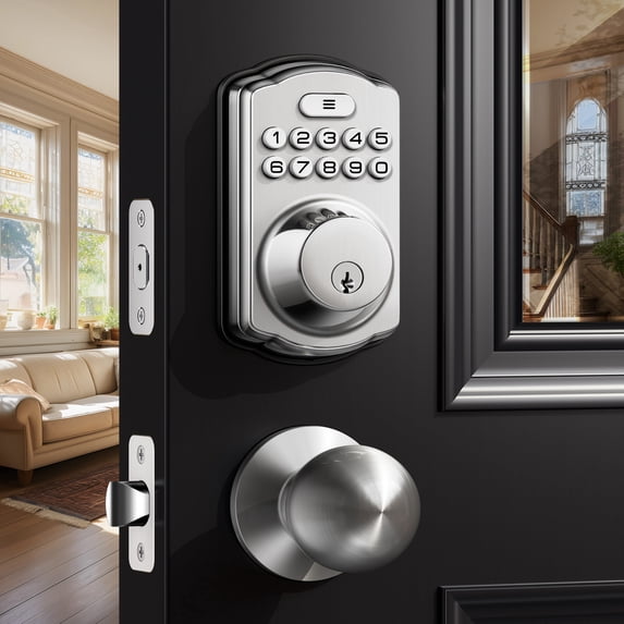 Veise Keyless Entry Door Lock with 2 Knobs, Electronic Backlit Keypad Deadbolt with Handle Set, Auto Lock, Easy Installation, Satin Nickel