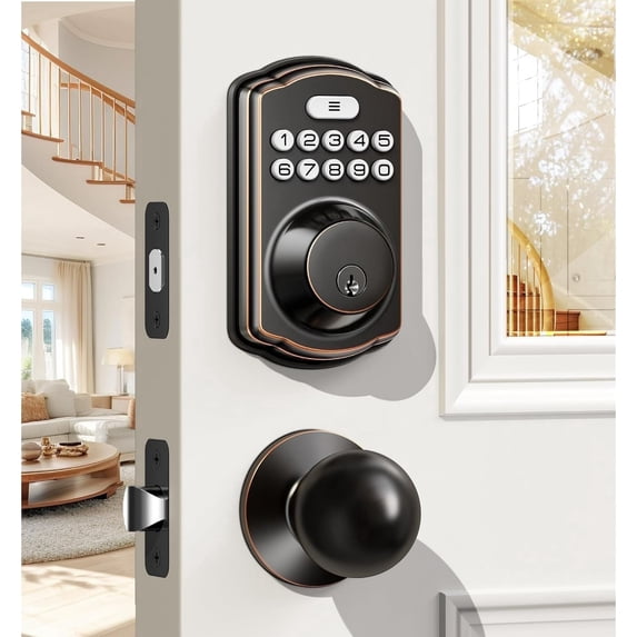Veise Keyless Entry Door Lock with Knobs, Electronic Backlit Keypad Deadbolt with Handle Set, Auto Lock, Easy Installation, Oil-Rubbed Bronze