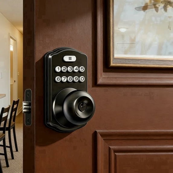 Veise Keypad Door Knob Lock, Keyless Entry Digital Lock with Handle, Electronic Knob for Front Door & Bedroom, Easy Installation, Auto-Locking, Passage Mode, Matte Black