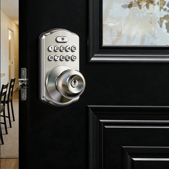Veise Keypad Door Knob Lock, Keyless Entry Digital Lock for Front Door & Bedroom, Aluminum Metal Satin Nickel