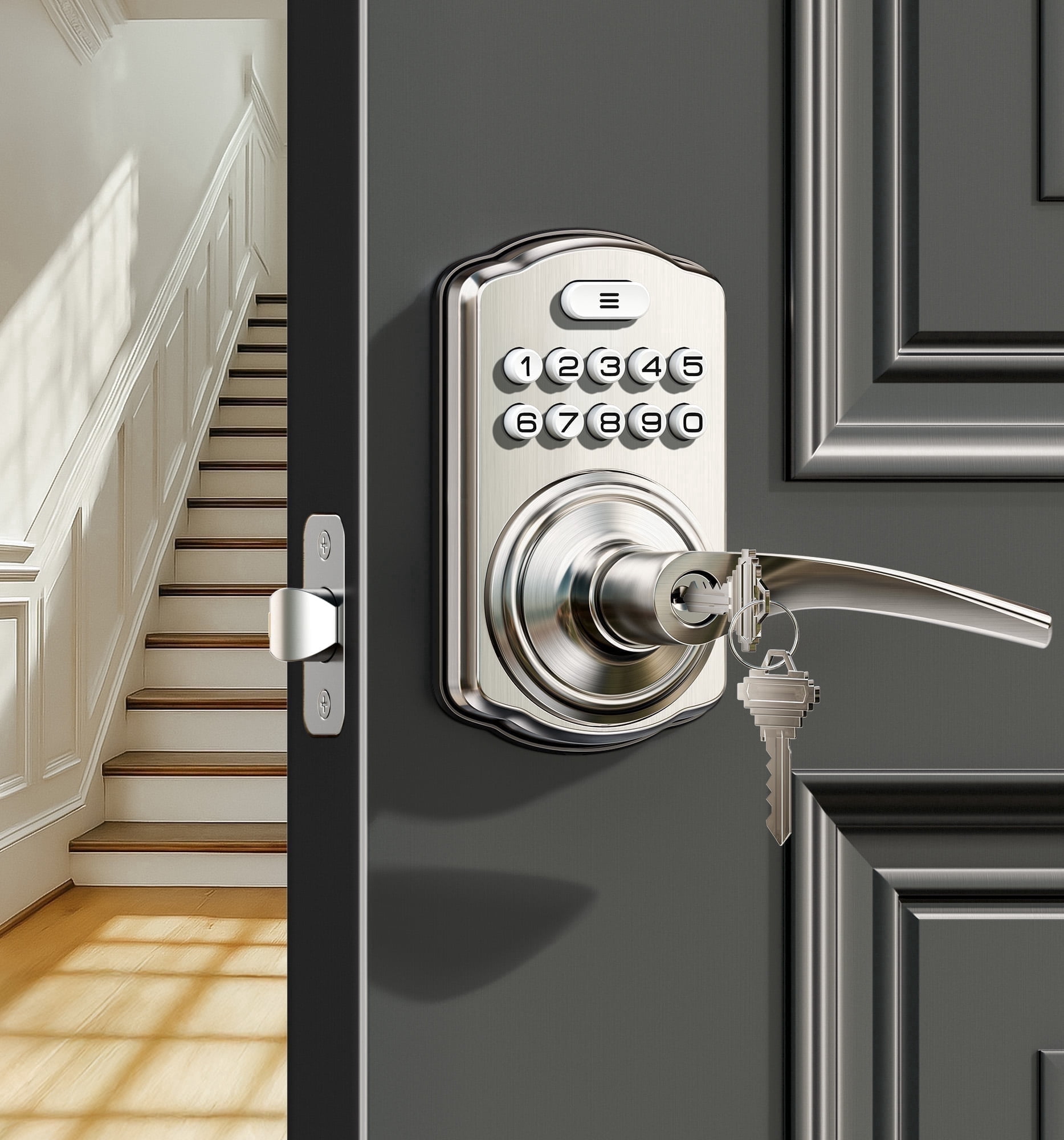 Veise Keypad Door Lock with Handle, Keyless Entry for Front Door & Bedroom, Electronic Lock with Code, Zinc Aluminum Metal Satin Nickel