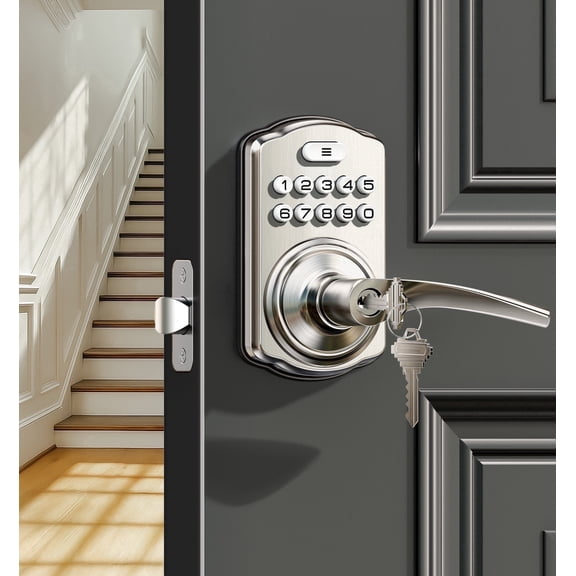 Veise Keypad Door Lock with Handle, Keyless Entry for Front Door & Bedroom, Electronic Lock with Code, Zinc Aluminum Metal Satin Nickel
