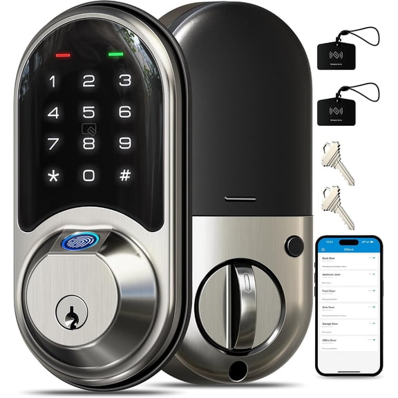 Veise RZ07 Fingerprint Smart Door Lock Deadbolt, App Control, Satin Nickel, Remote Access Sharing, Fob Unlock, Keyless Entry for Front Door, Auto Lock, User Management, Easy Install