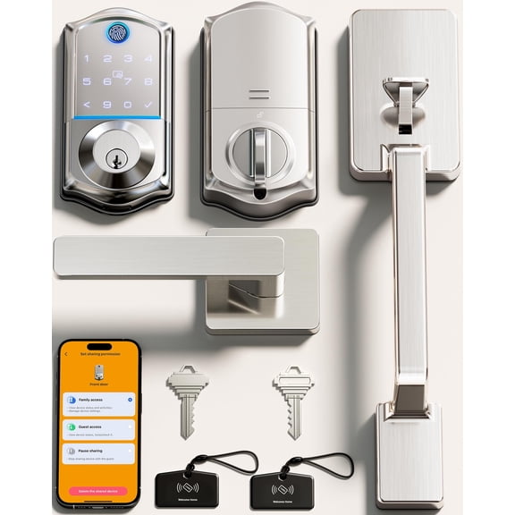 Veise VE017-D Smart Fingerprint Front Door Lock Set, App Control, 8-in-1 Keyless Entry Deadbolt with Lever Handle, Touchscreen Keypad, IP55 Weatherproof, Auto Lock, Easy Install, Satin Nickel