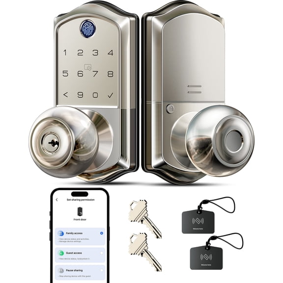 Veise Fingerprint Smart Knob Handle Lock, Keyless Entry, App Control, Electronic Digital Keypad, Remote Access Sharing, Auto Lock, Satin Nickel