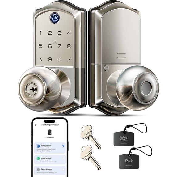 Veise Fingerprint Smart Knob Handle Lock, Keyless Entry, App Control, Electronic Digital Keypad, Remote Access Sharing, Auto Lock, Satin Nickel