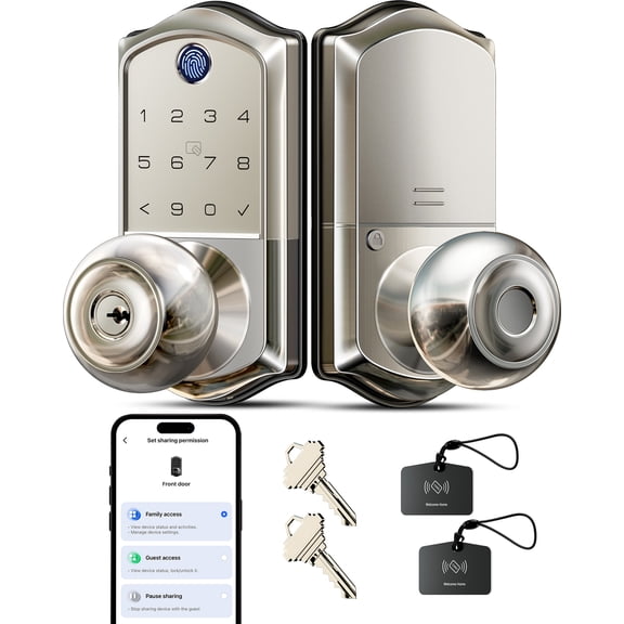 Veise Fingerprint Smart Knob Handle Lock, Keyless Entry, App Control, Electronic Digital Keypad, Remote Access Sharing, Auto Lock, Satin Nickel