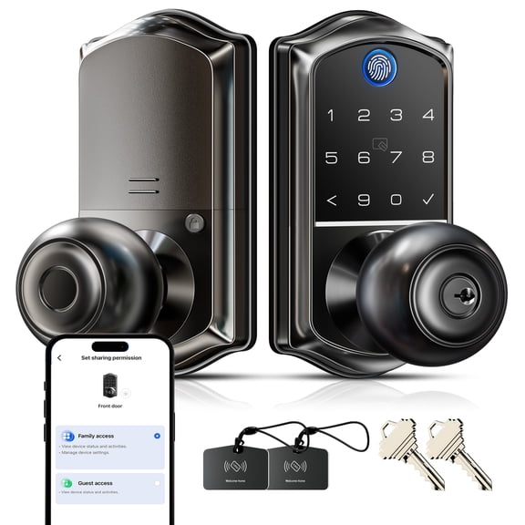 Veise Fingerprint Smart Knob Handle Lock, Keyless Entry, App Control, Electronic Digital Keypad, Auto Lock, Matte Black