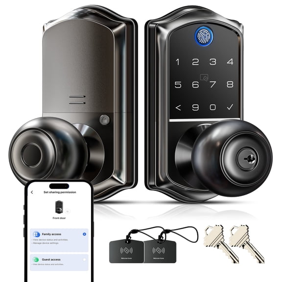 Veise Fingerprint Smart Knob Handle Lock, Keyless Entry, App Control, Electronic Digital Keypad, Auto Lock, Matte Black