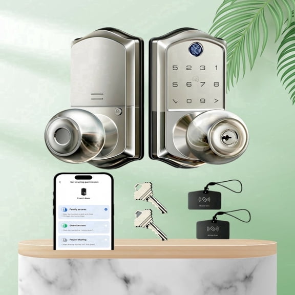 Veise Fingerprint Smart Knob Handle Lock, Keyless Entry, App Control, Electronic Digital Keypad, Remote Access Sharing, Auto Lock, Satin Nickel
