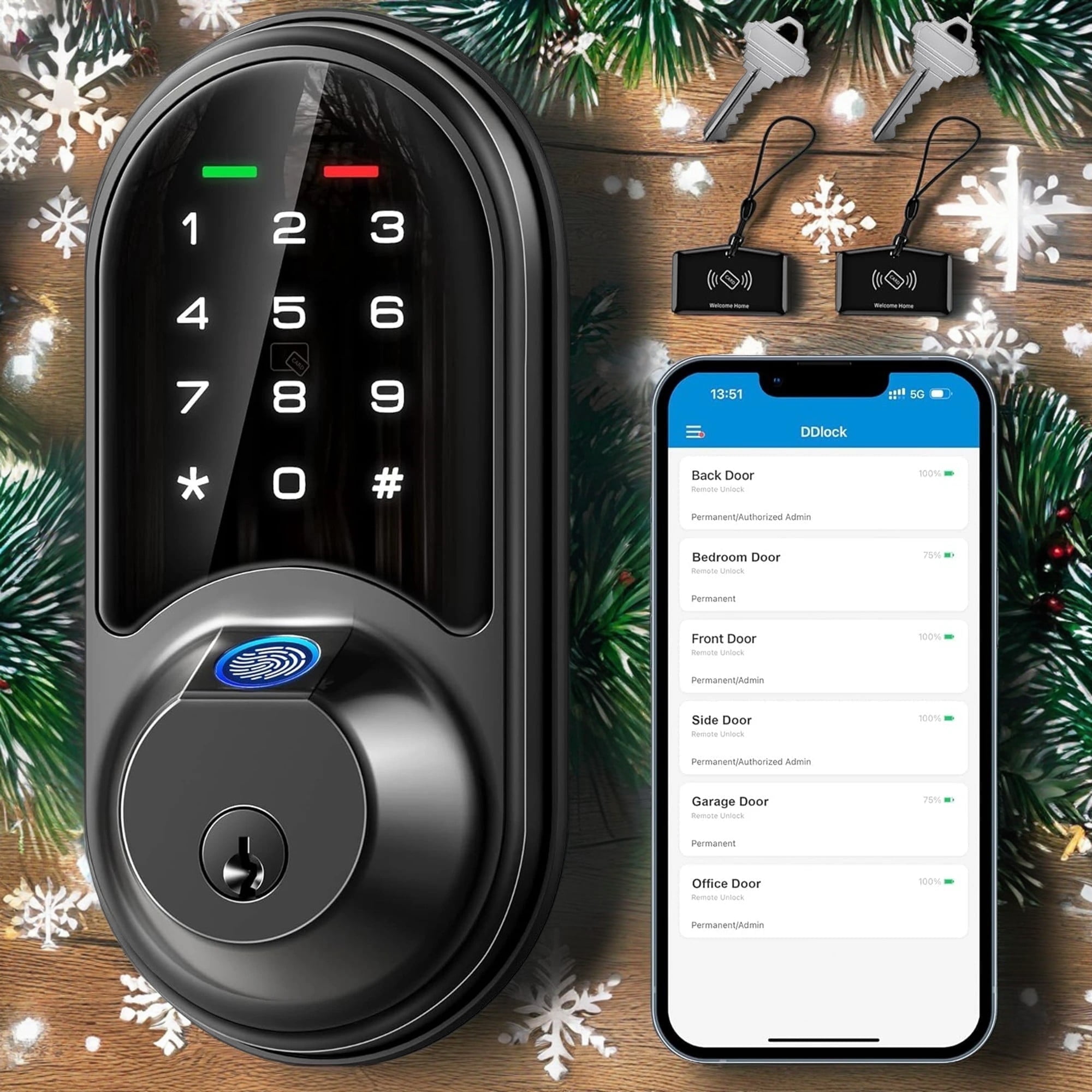 Veise Smart Lock, Keyless Front Door Lock, Fingerprint Access, Bluetooth App, Touchscreen Keypad