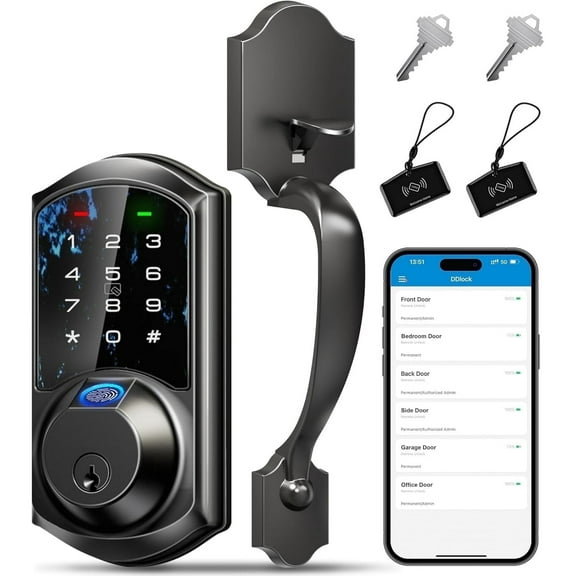 Veise Fingerprint Smart Locks for Front Door with Handle Set, App Control, Keyless Entry Keypad Deadbolt, Digital Electronic Touchscreen, Easy Install, Auto Lock, Matte Black