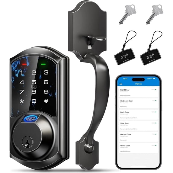 Veise Fingerprint Smart Locks for Front Door with Handle Set, Keyless Entry Keypad Deadbolt, Digital Electronic Touchscreen, Easy Install, Matte Black