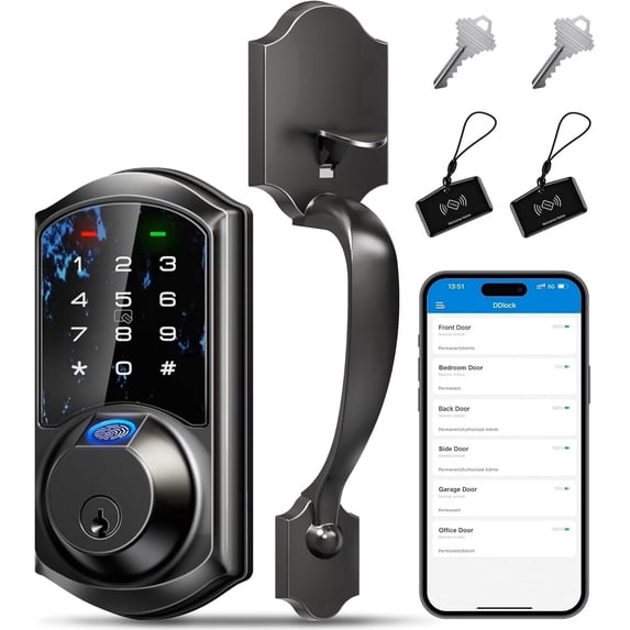 Veise Fingerprint Front Door Lock with Handle Set, App Control, Keyless Entry Keypad Deadbolt, Digital Electronic Touchscreen, Easy Install, Auto Lock, Matte Black