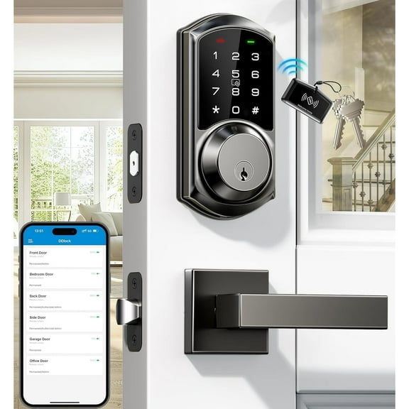 Veise Smart Locks with 2 Lever Handle Set, App Control, Keyless Entry Deadbolt for Front Door, Electronic Digital Touchscreen Keypad, Auto Lock, Waterproof, Easy Installation, Matte Black