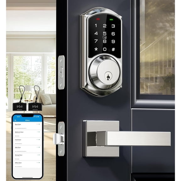 Veise Smart Front Door Lock with 2 Lever Handle Set, App Control Keyless Entry Deadbolt, Electronic Keypad, Satin Nickel