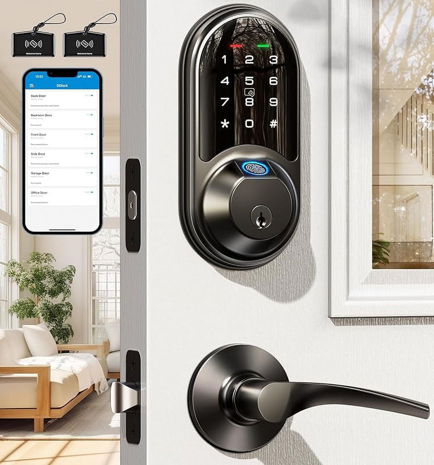Veise Smart Locks for Front Door, 2 Lever Handles, Fingerprint Keyless