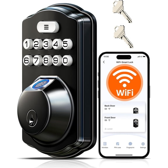 Veise VE012W Built-in WiFi Fingerprint Smart Lock, App Remote Control, Compatible with Alexa & Google Assistant, Keyless Entry for Front Door, Digital Keypad Deadbolt, Auto Lock, Matte Black