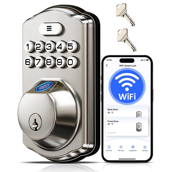 Veise VE012W Built-in WiFi Fingerprint Smart Lock, App Remote Control, Compatible with Alexa & Google Assistant, Keyless Entry for Front Door, Digital Keypad Deadbolt, Auto Lock, Satin Nickel