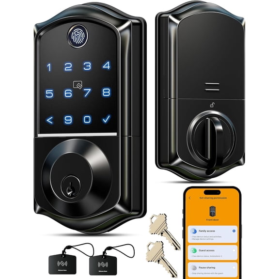 VE017 Fingerprint Smart Door Lock, App Control, 8-in-1 Keyless Entry, Auto Lock, Emergency Power Port, Electronic Touchscreen Keypad, Biometric Smart Locks for Front Door, Matte Black