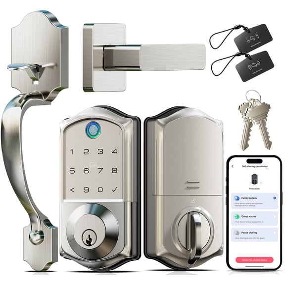 Veise VE017-H 8-in-1 Fingerprint Smart Front Door Lock Set, Satin Nickel App Control, Remote Access Sharing, Touchscreen Keypad Deadbolt, Zinc Alloy, Emergency Power Port, Auto Lock, Easy Install