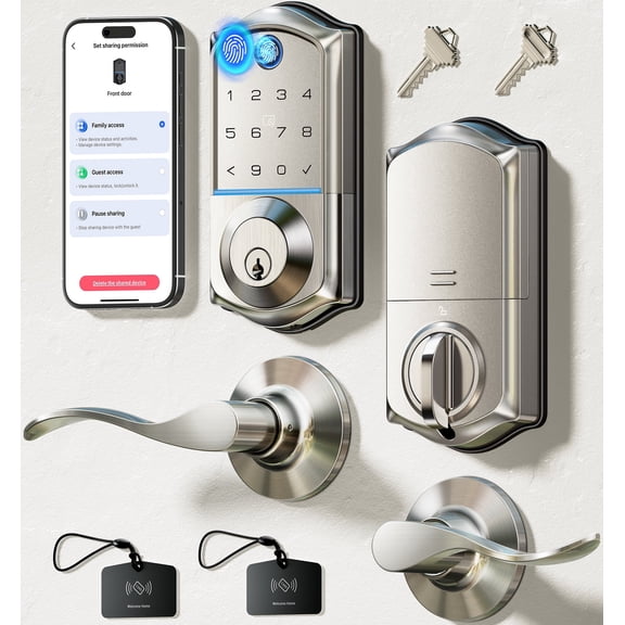 Veise VE017-L Fingerprint Smart Lock with Lever Handles, App Control, Keyless Entry Front Door Lock Set, Electronic Digital Keypad Deadbolt, Remote Grant, Emergency Power Port, Satin Nickel