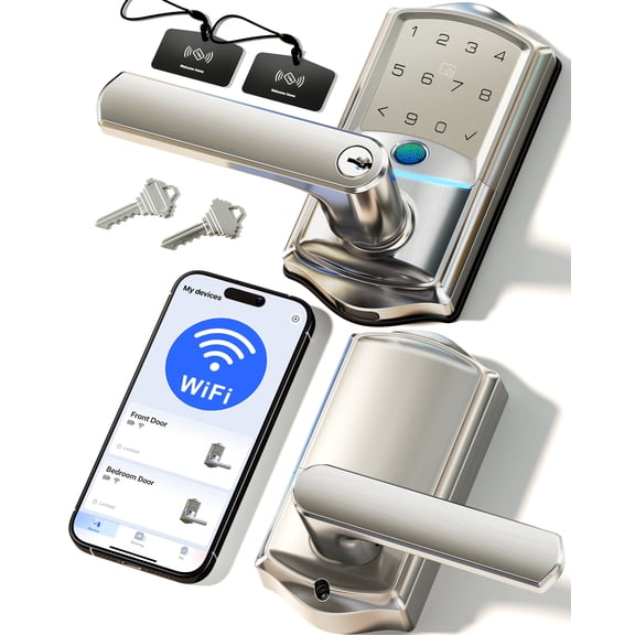 Veise VE029 WiFi Smart Lever Lock, Fingerprint Keyless Entry Door Lock with Handle, Built-in WiFi, Remote App Control, Electronic Digital Knob for Front Door and Bedroom, Satin Nickel