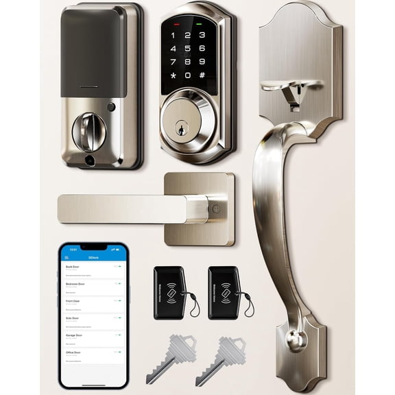Veise VE06-H Smart Front Door Lock Handle Set, App Control, Satin Nickel | Remote Access Sharing, Fob Unlock Keyless Entry Deadbolt, Auto Lock, User Management, IP55 Waterproof, Low Battery Alarm