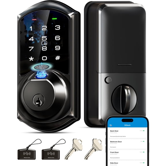 Veise VE07 Fingerprint Smart Deadbolt Lock, App Control, Fobs, Matte Black | Touchscreen, Remote Access Sharing, 7-in-1 Access, Auto Lock, BHMA/ANSI Grade 3, Low Battery Alarm, for Front Door