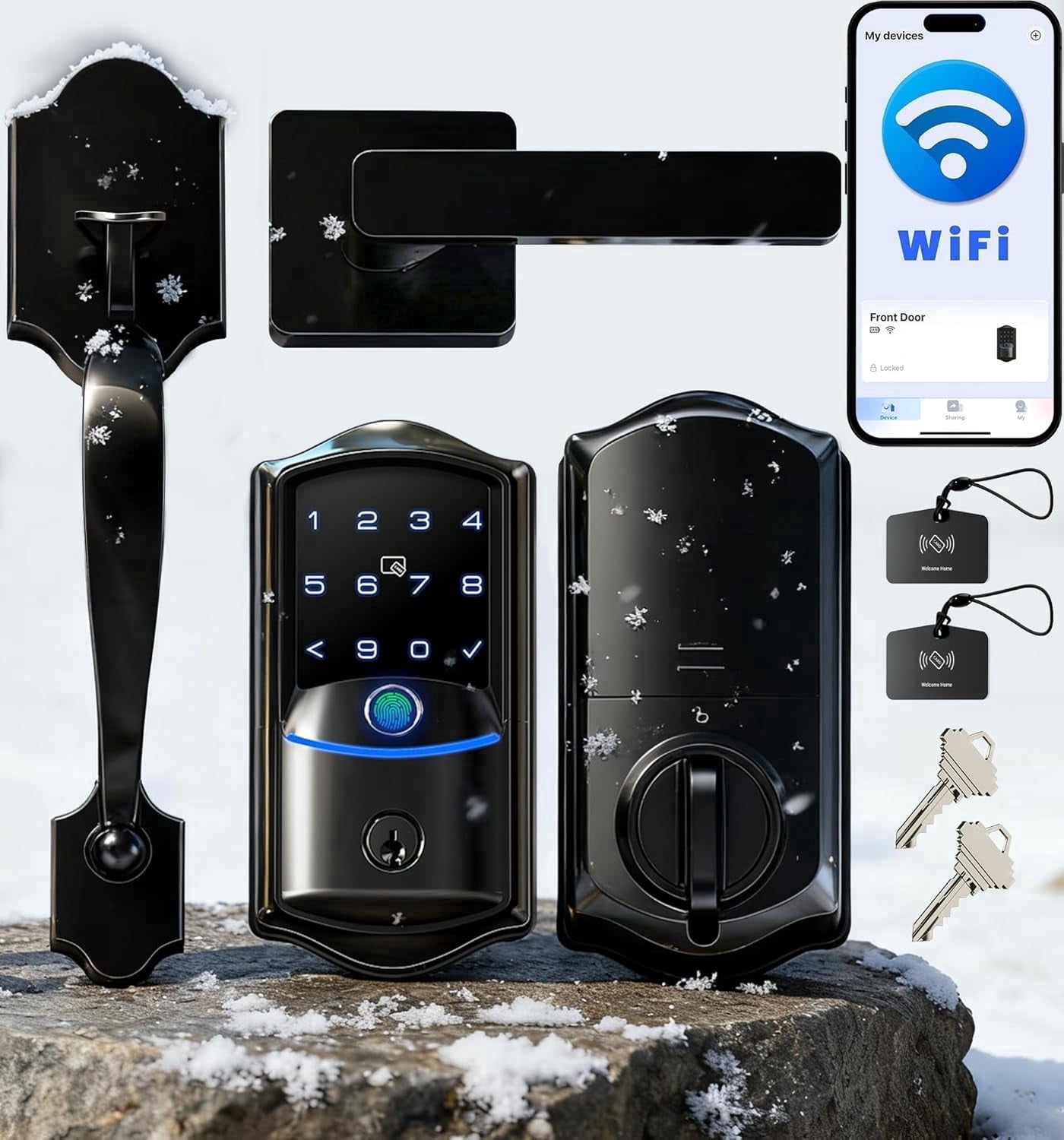 Veise Wifi Fingerprint Smart Deadbolt Lock with Handle set, Keyless Entry Front Door Keypad Lock, App Remote Control, Auto-Lock, Matte Black