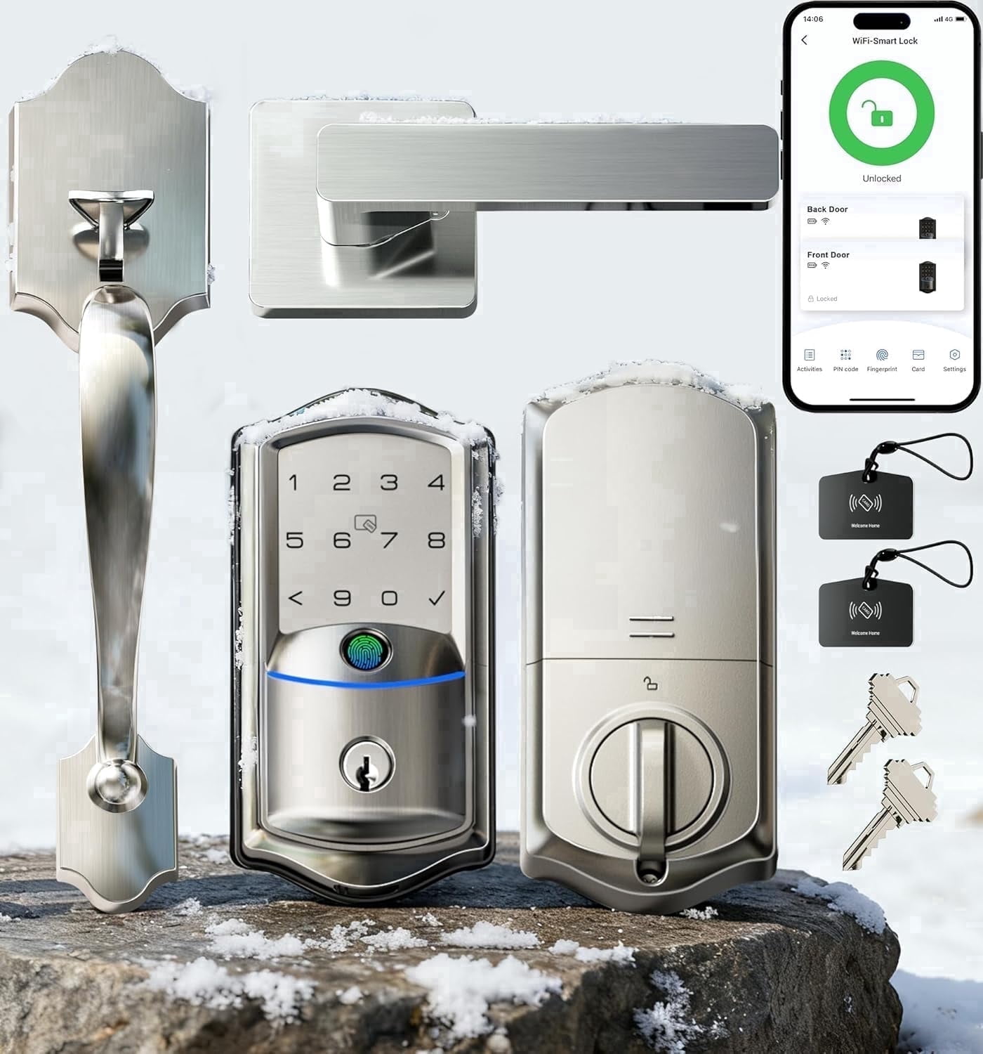 Veise Wifi Fingerprint Smart Deadbolt Lock with Handle Set, Keyless Entry Front Door, Auto-Lock, Satin Nickel