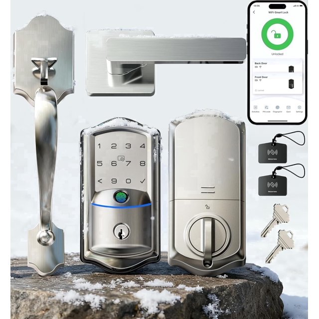 Veise Wifi Fingerprint Smart Deadbolt Lock with Handle Set, Keyless Entry Front Door, Auto-Lock, Satin Nickel