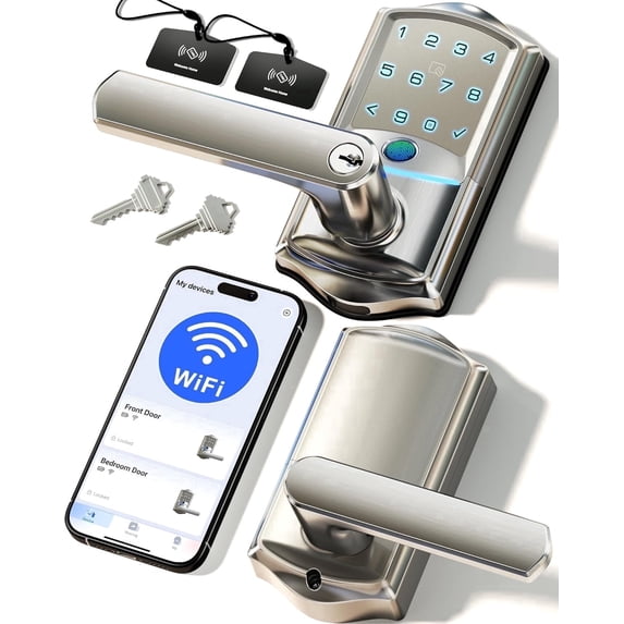Veise Wifi Smart Lever Lock, Fingerprint Keyless Entry Door Lock with Handle, Easy Installation, Auto Lock, Satin Nickel