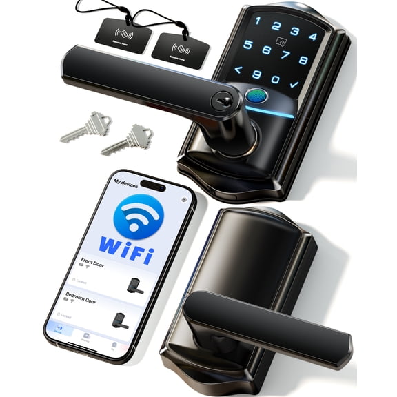 Veise VE029 Wi-Fi Smart Lever Lock with Digital Keypad, Matte Black | Built-in Wi-Fi, Remote Access, Fingerprint, Real-time Alert, Support Alexa, Auto Lock, IP65 Waterproof, for Airbnb & Rental
