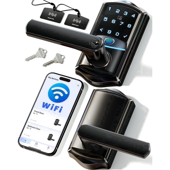 Veise Wifi Smart Lever Lock, Fingerprint Keyless Entry Door Lock with Handle, Remote App Control, Easy Installation, Matte Black