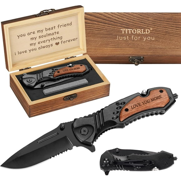 Veitorld Engraved Pocket Knife with Woode Handle,Folding Knife with Wood Box, Outdoor Camping Hiking Tool for Anniversary Birthday Gifts for Men Husband