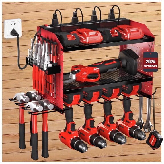 Veitorld Power Tool Organizer with Charging Station,3 Layers Storage Rack with 4 Drill Holders,Heavy Duty Modular Wall Mount Rack for Garage, for Men Dad Him Husband for Christmas Birthday