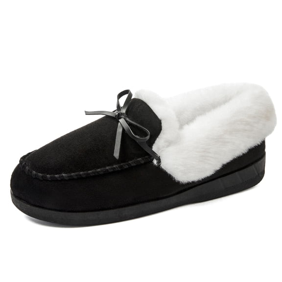 Veittes Elegant Women's Moccasin Slippers, Warm Faux Fur Lined Slip-On Loafers, Memory Foam Insole with Durable Rubber Sole for Indoor Outdoor Use.