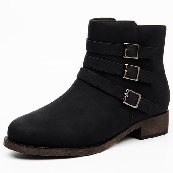 Veittes Women's Ankle Boots, Low Chunky Heel Adjustable Buckle Booties, Classic Round Toe Side Zipper Short Boots with Non-Slip Sole.