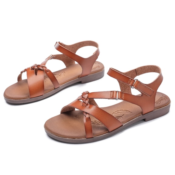 Veittes Women's Comfortable Flat Slide Sandals - Summer Casual Open Toe Slip-On with Ankle Strap & Hook-and-Loop Closure.
