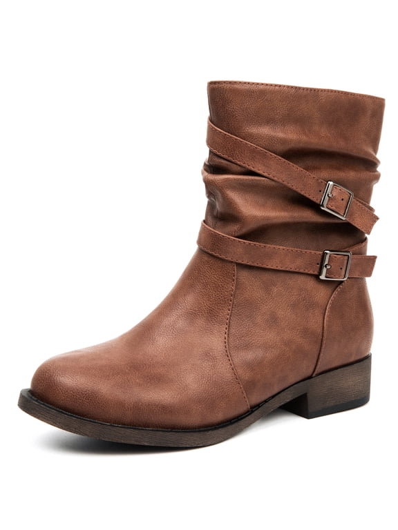 Womens Mid Calf Cowboy Boots Low Block Heel Round Toe Side Zip Buckle Straps Non Slip Rubber Sole