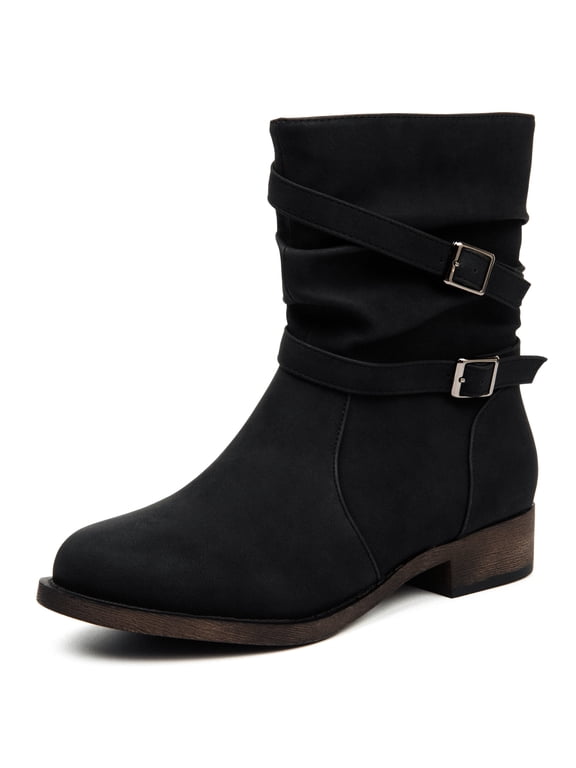 Womens Mid Calf Cowboy Boots Low Block Heel Round Toe Side Zip Buckle Straps Non Slip Rubber Sole